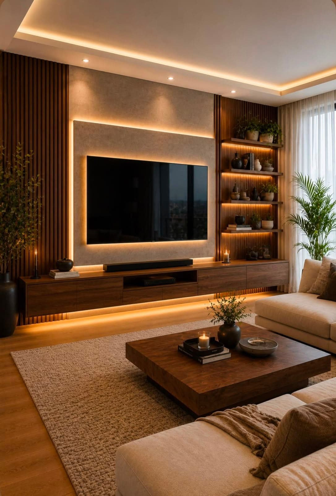 Bespoke walnut media wall with slatted panelling, backlit shelving and floating cabinetry