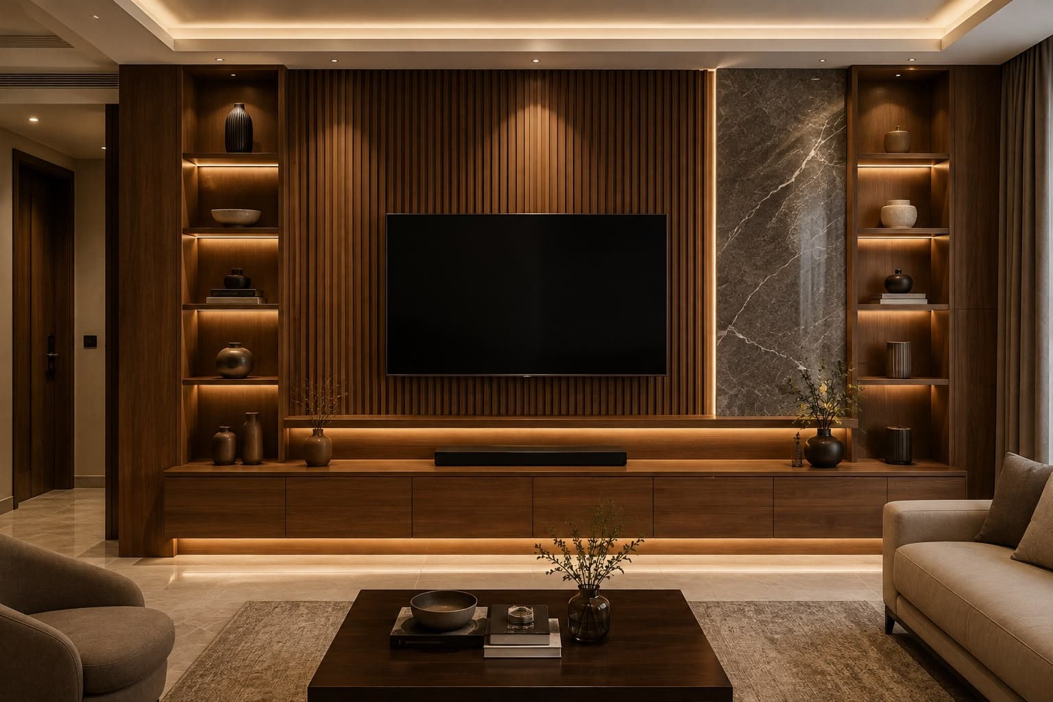 Walnut media wall with marble inset, lit display niches and full-width floating console