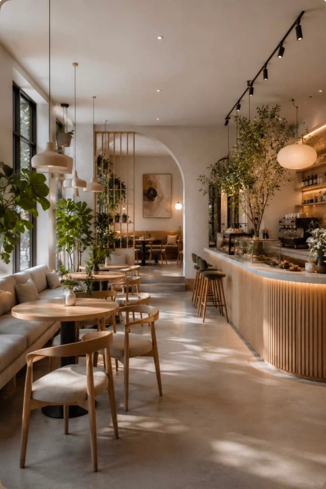Café interior with fluted oak service counter and banquette seating