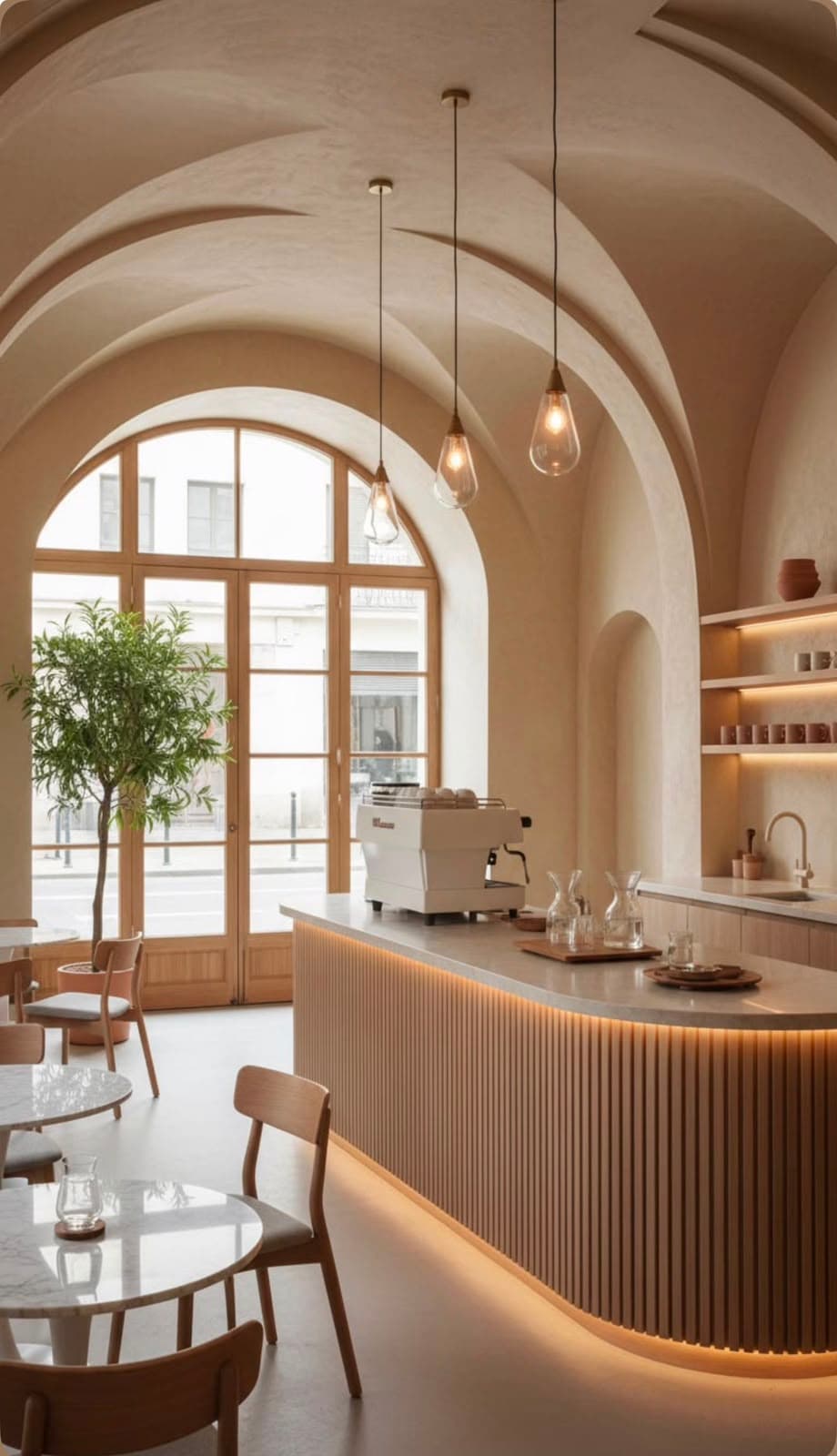 Café interior with vaulted plaster ceiling and curved fluted oak counter