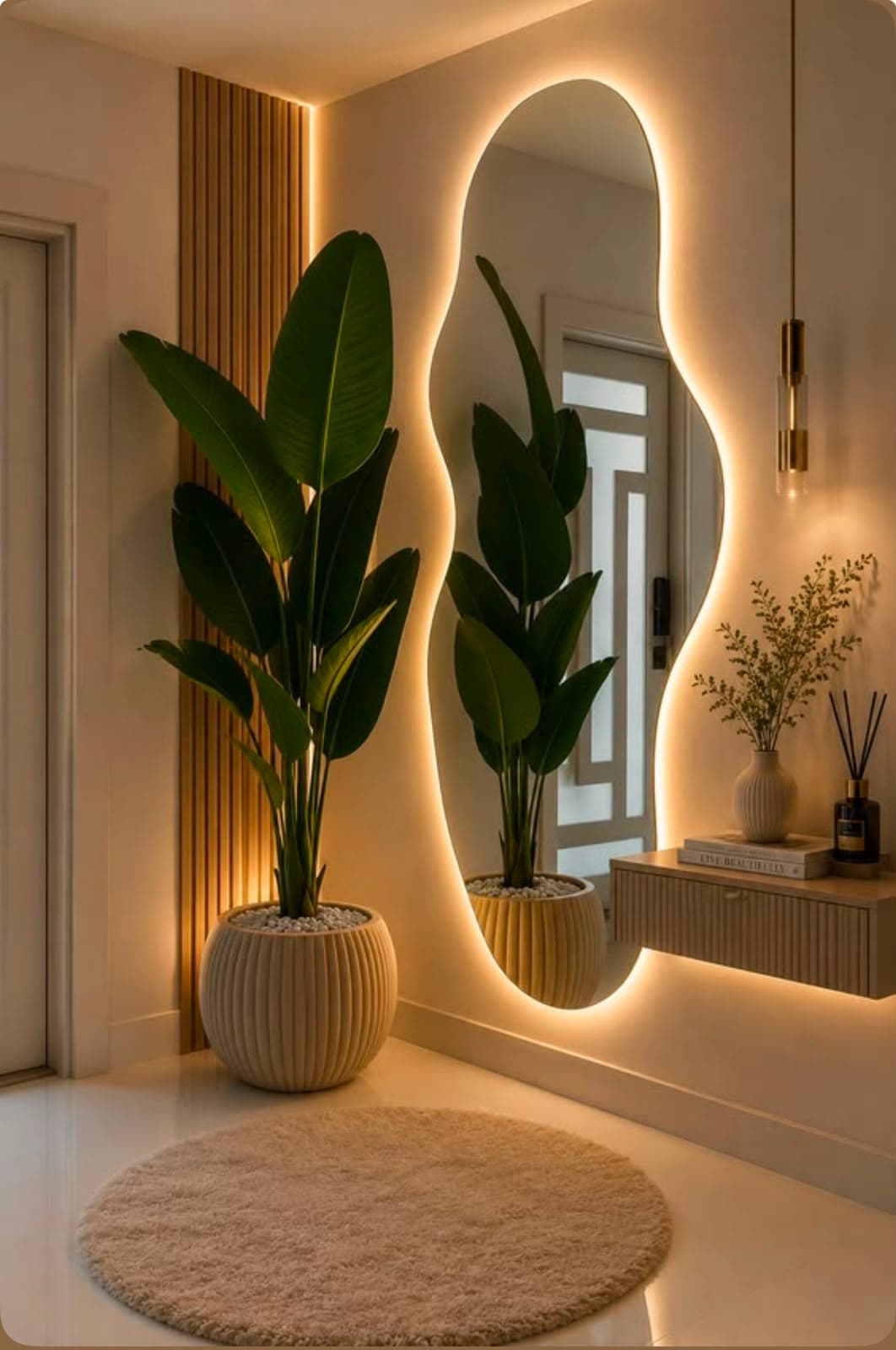 Entrance hall with backlit organic mirror, slatted oak panel and floating console