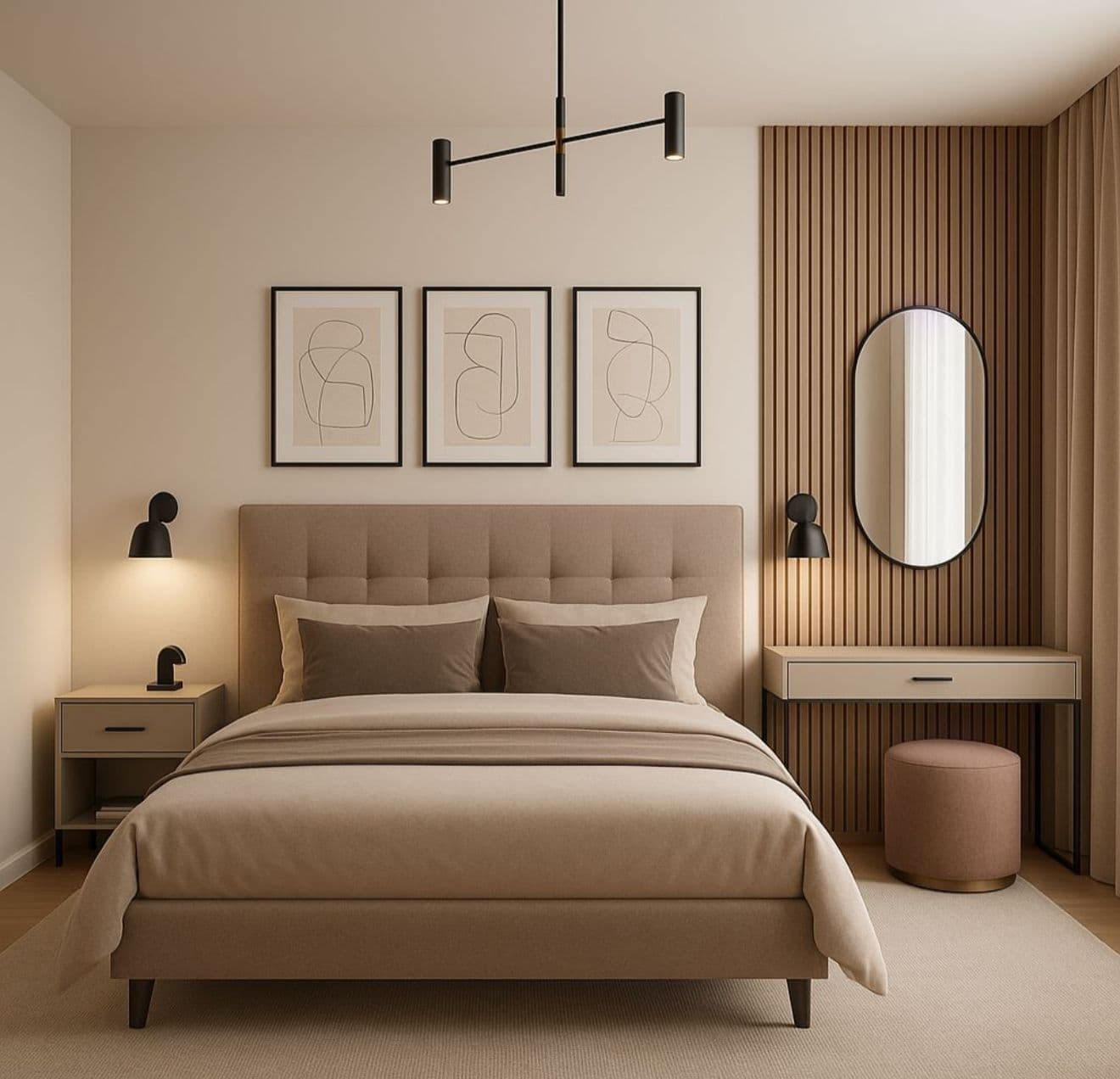 Master bedroom with upholstered headboard and vanity