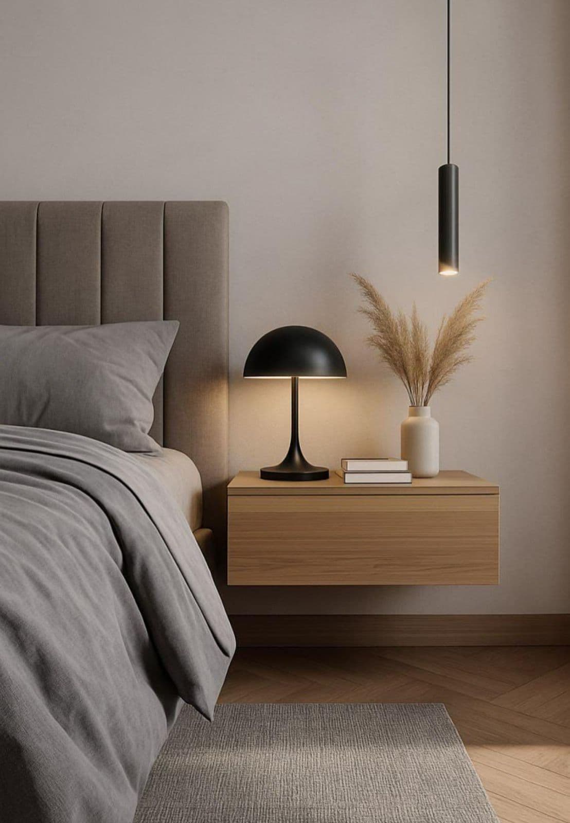 Bedroom nightstand detail with pendant light