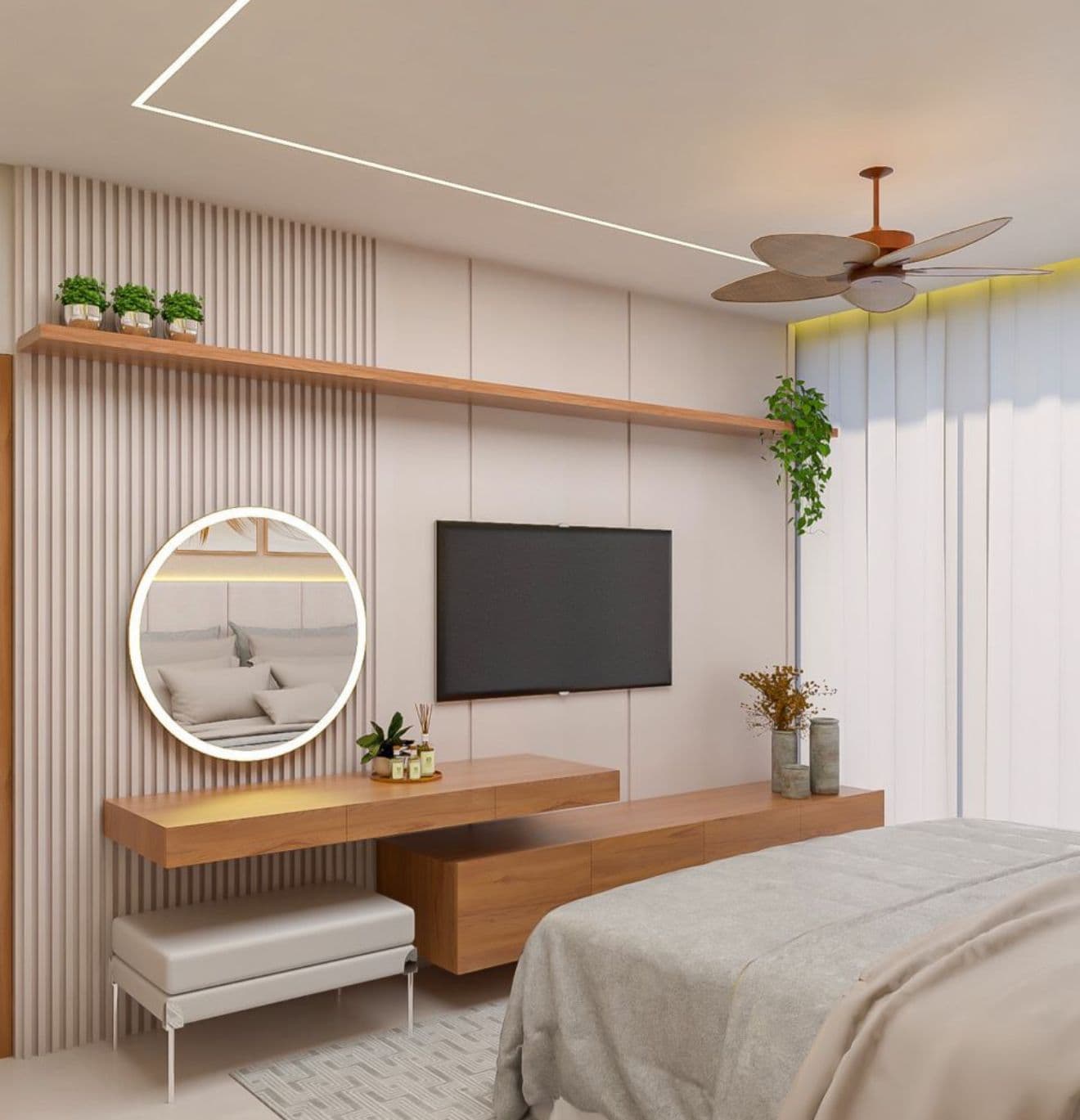 Bedroom TV wall with floating shelf and round mirror