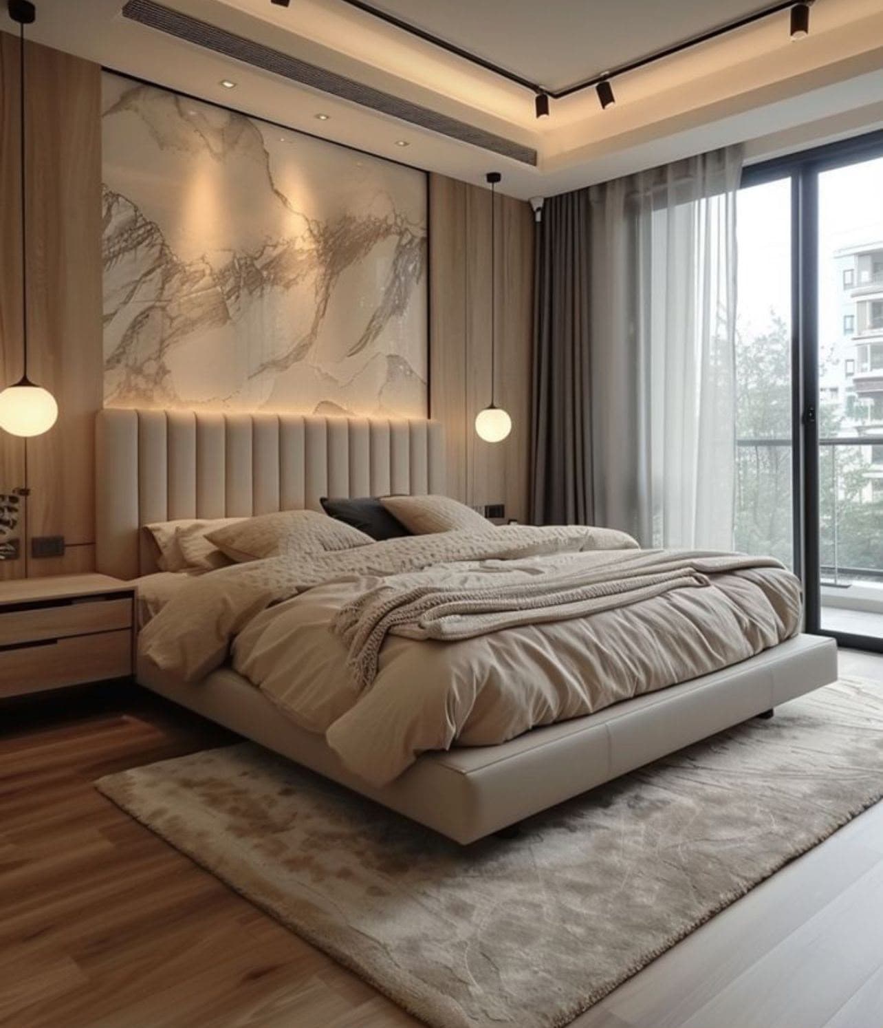 Bedroom with marble accent wall and pendant lighting