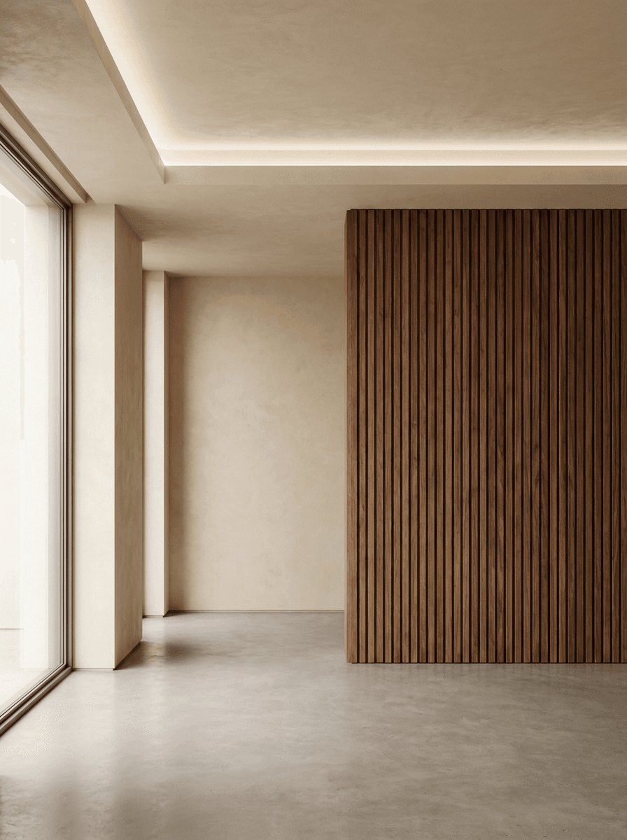 Modern residential living space with walnut wood slat feature wall
