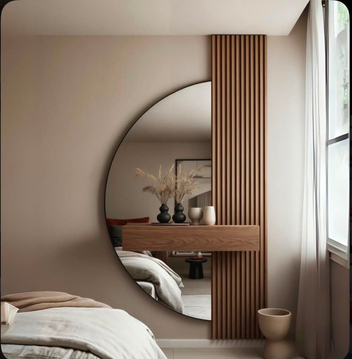 Bedroom round mirror and wood slat detail
