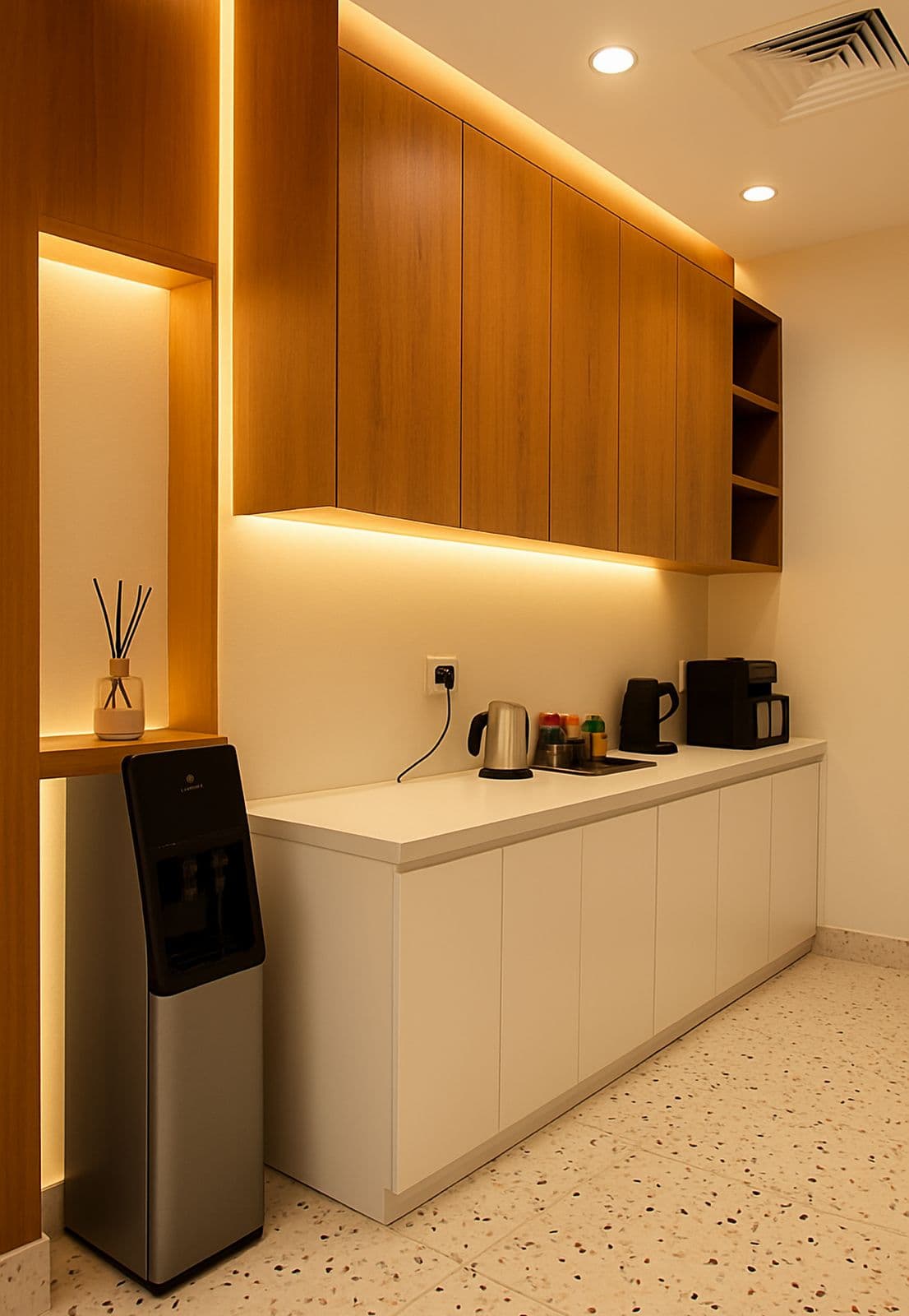 Office pantry with wood cabinetry and water dispenser