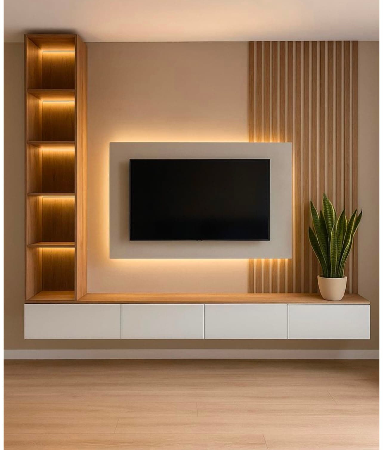 Wood TV wall with backlit shelving and plant