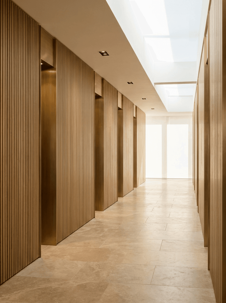 Luxury office corridor with brass and wood slat panelling